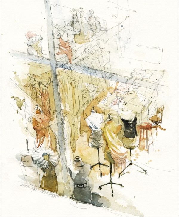 View throught the window into a costume making workshop